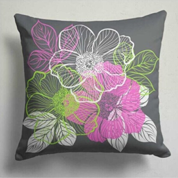 Bold Pink and Green Flowers on Dark Gray Cushion Cover