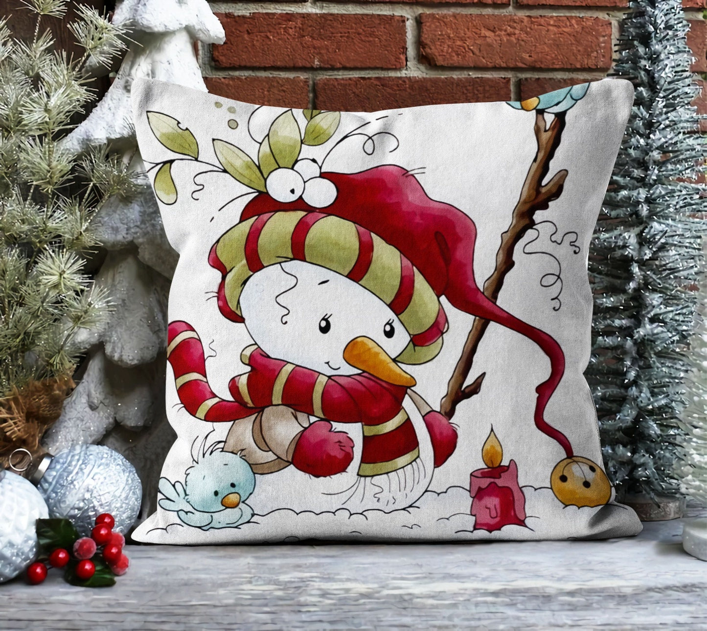 Snowman Cushion Cover, Holiday Florals Decor