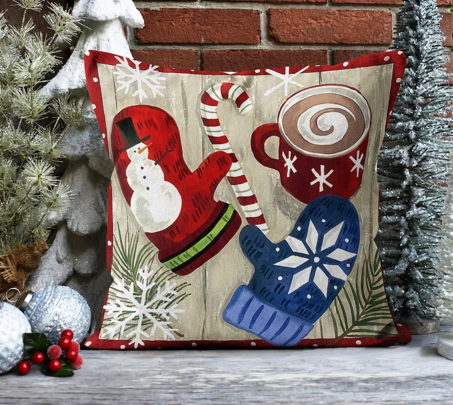 Winter Snowman Cushion Cover, Rustic Woodland Charm