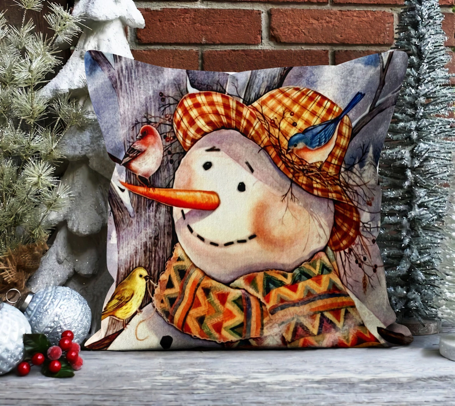 Winter Snowman Cushion Cover, Rustic Woodland Charm