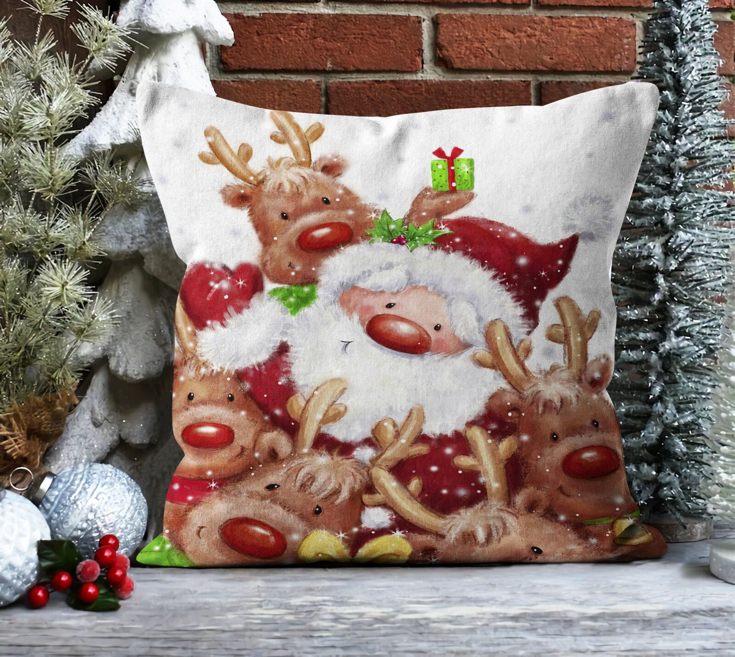 Reindeer Santa, Gnomes Cushion Cover, Rustic Farmhouse Christmas