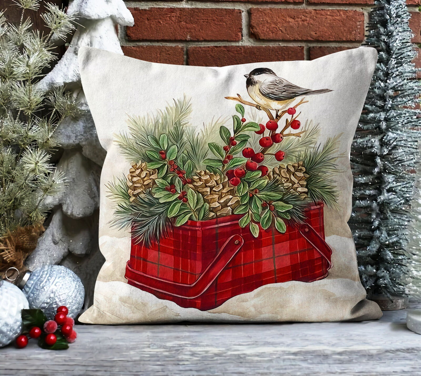 Plaid Christmas Tree Cushion Cover, Pine Cones and Bird with Plaid Basket