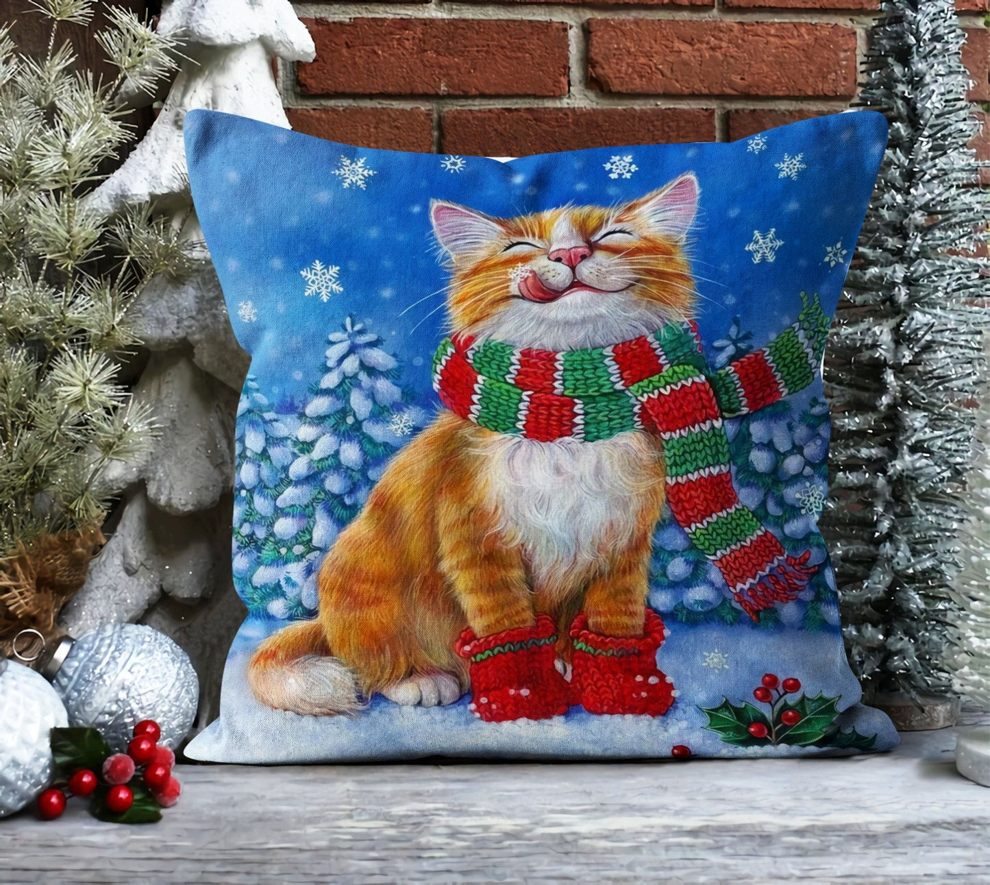 Winter Cat Wonderland Cushion Cover, Rustic Blue Snowflake