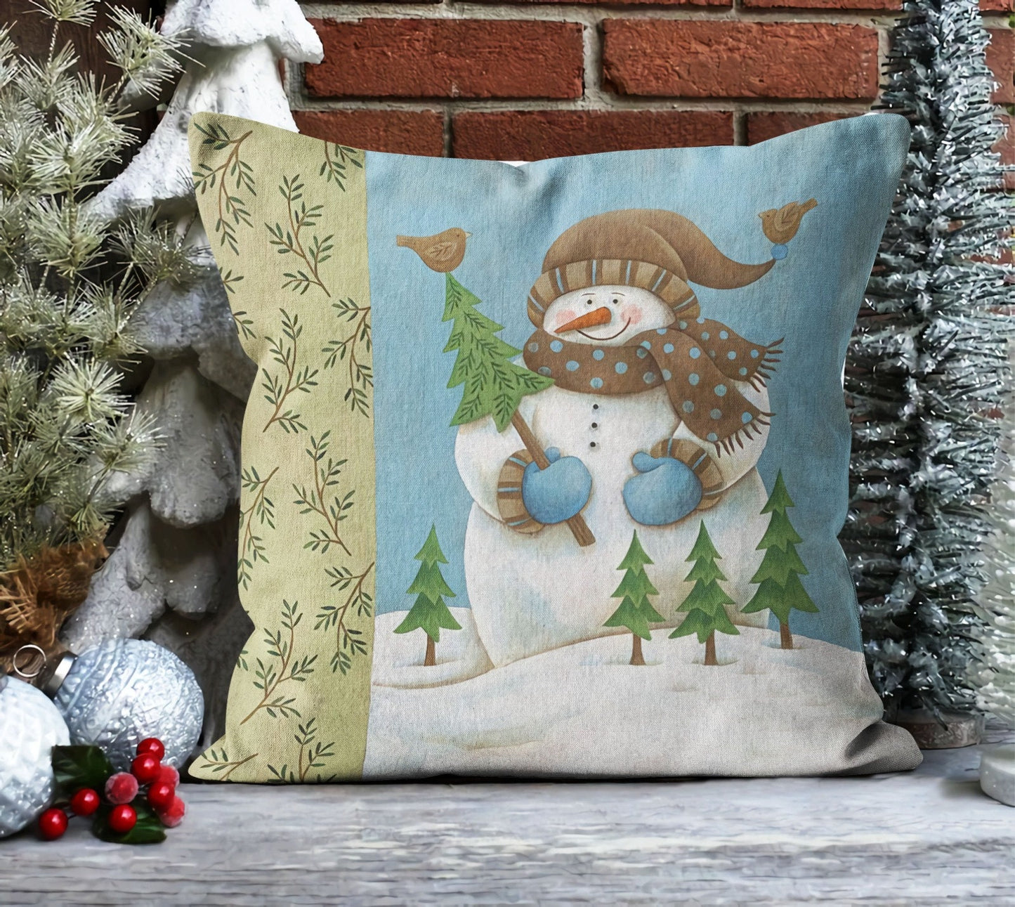 Winter Cat Wonderland Cushion Cover, Rustic Blue Snowflake