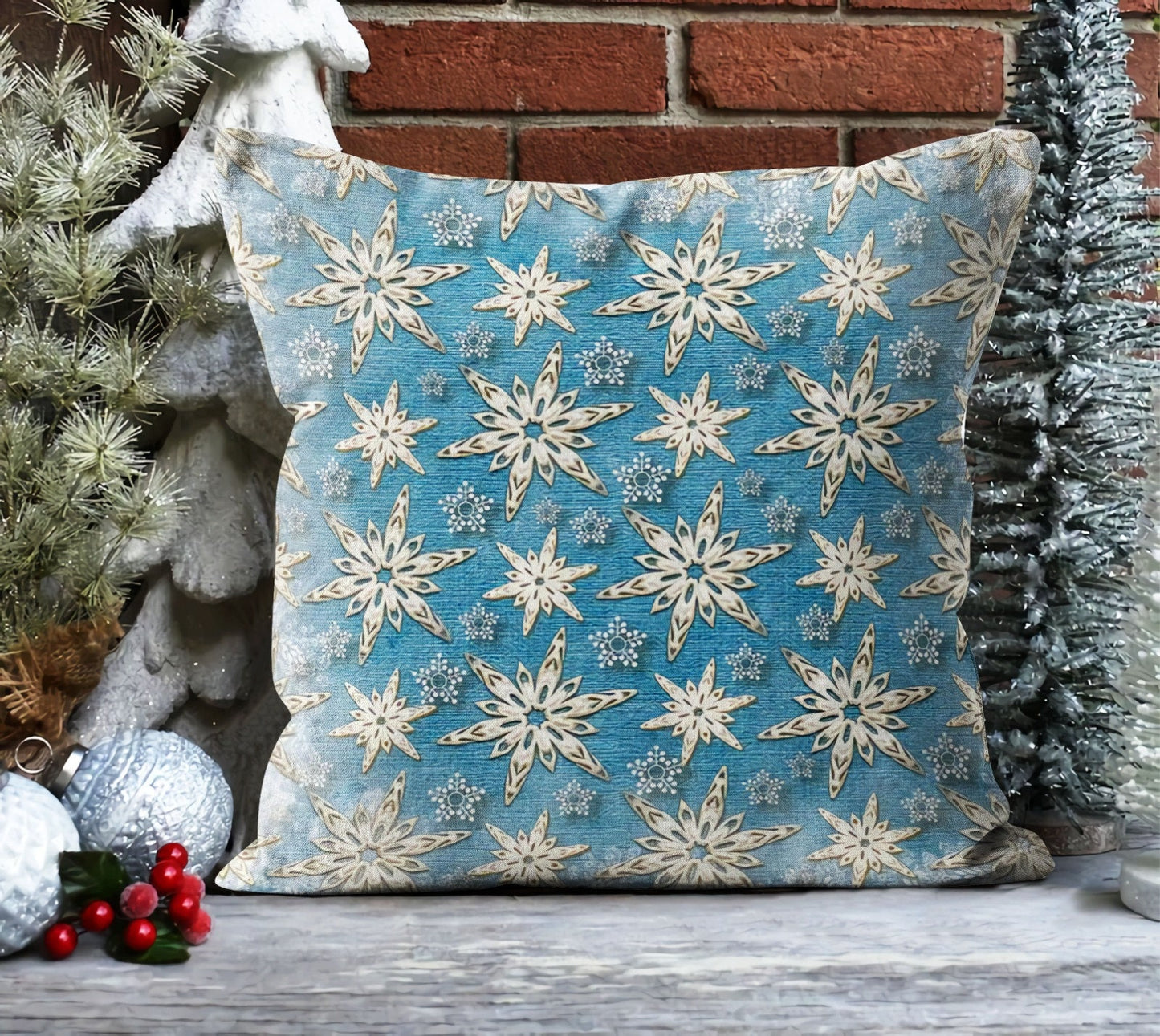 Winter Cat Wonderland Cushion Cover, Rustic Blue Snowflake