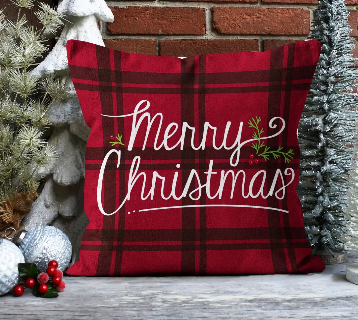 Plaid Christmas Forest Cushion Cover, Classic Red Plaid Design