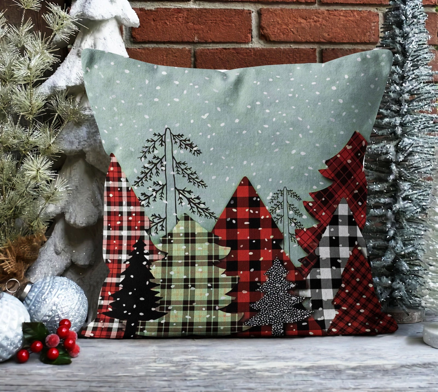 Plaid Christmas Forest Cushion Cover, Classic Red Plaid Design