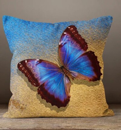 Blue Portrait Cushion Cover with Floral, Golden Leaf, Butterfly