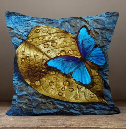 Blue Portrait Cushion Cover with Floral, Golden Leaf, Butterfly