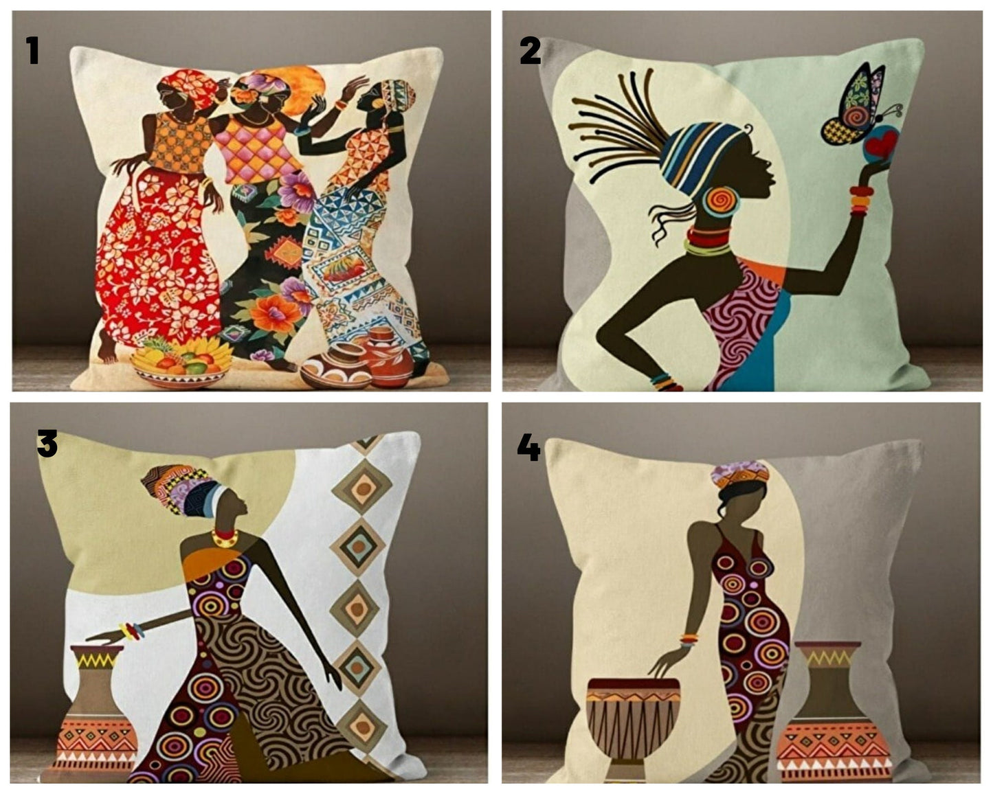 African Woman with Butterfly Cushion Cover, African Drums Style