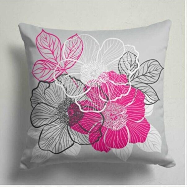 Bold Pink and Green Flowers on Dark Gray Cushion Cover