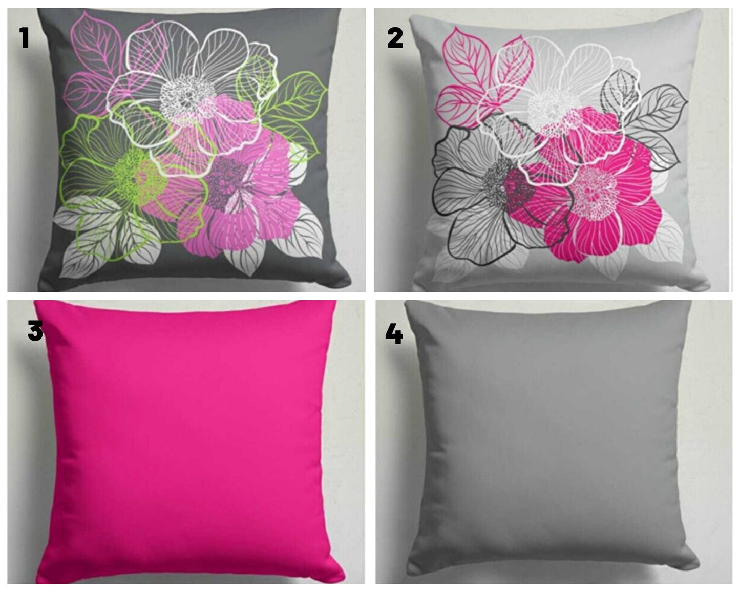 Bold Pink and Green Flowers on Dark Gray Cushion Cover