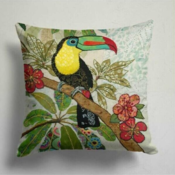 Bird, Floral Accents Cushion Cover, Tropical Toucan Decor