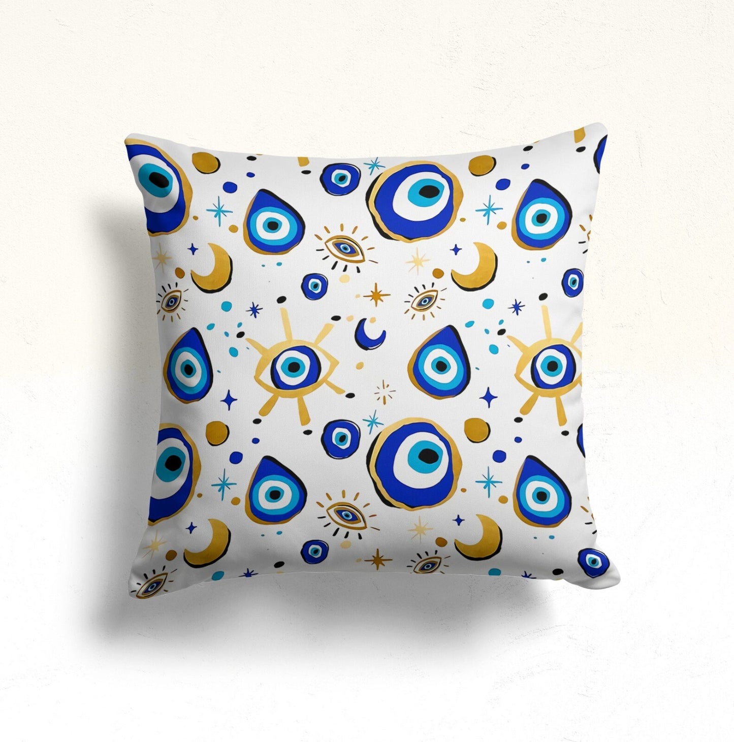 Golden Traditional Evil Eye Cushion Cover, Moon & Star Accents