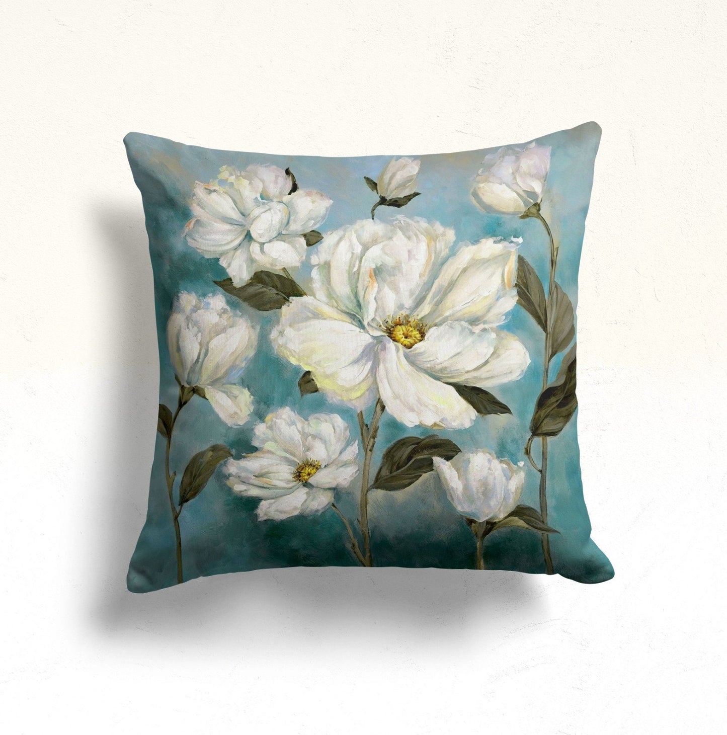 Blue Floral Cushion Cover with Turquoise Flower Pattern