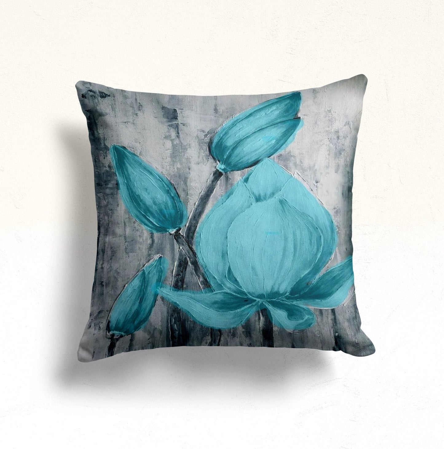 Blue Floral Cushion Cover with Turquoise Flower Pattern