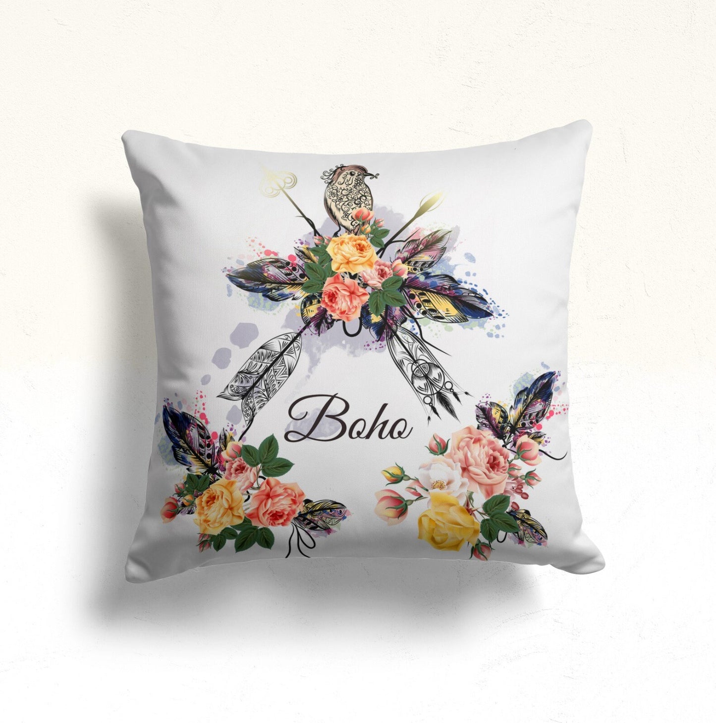 Tribal Boho Style with Feathers Cushion Cover, Feathers Design