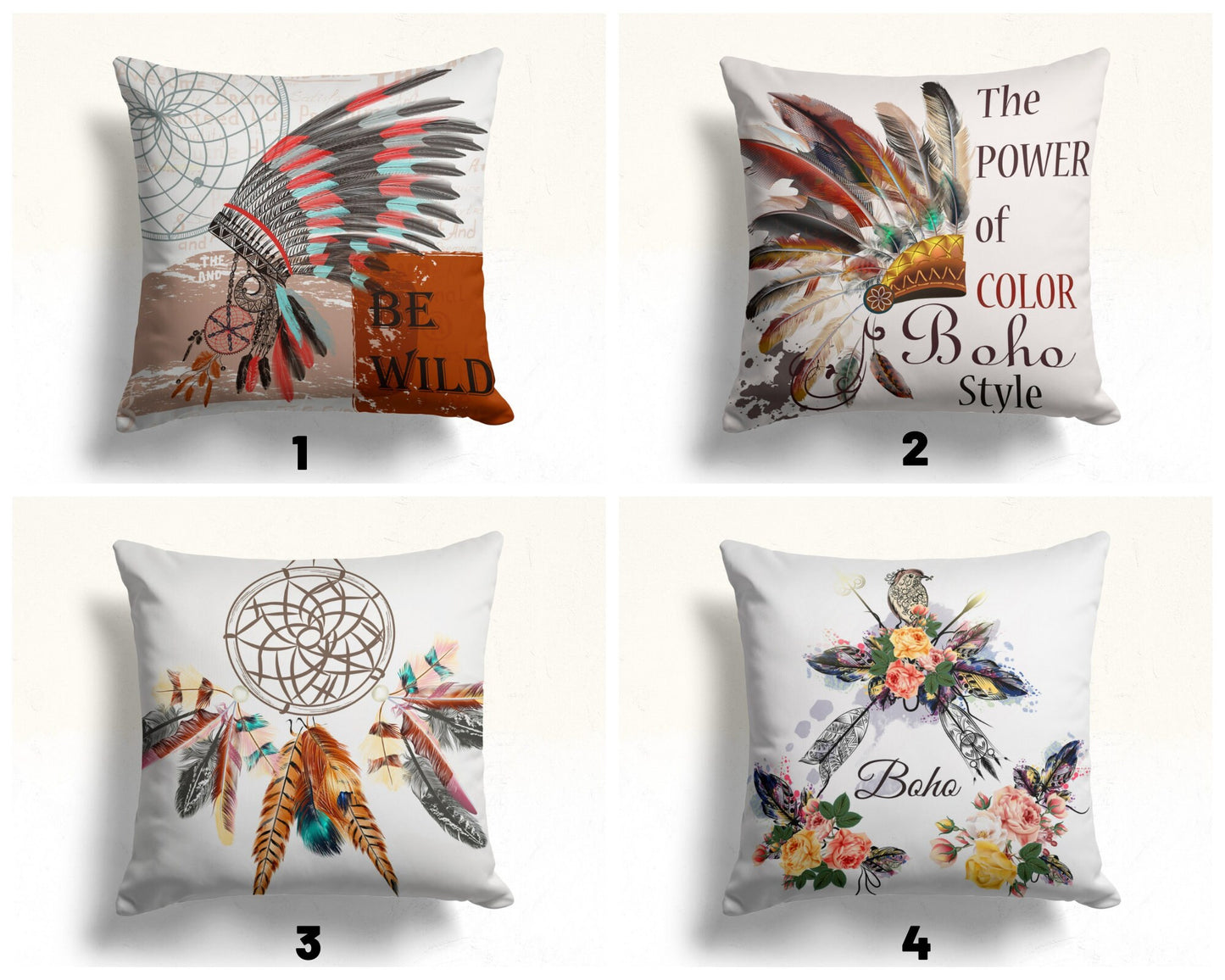 Tribal Boho Style with Feathers Cushion Cover, Feathers Design