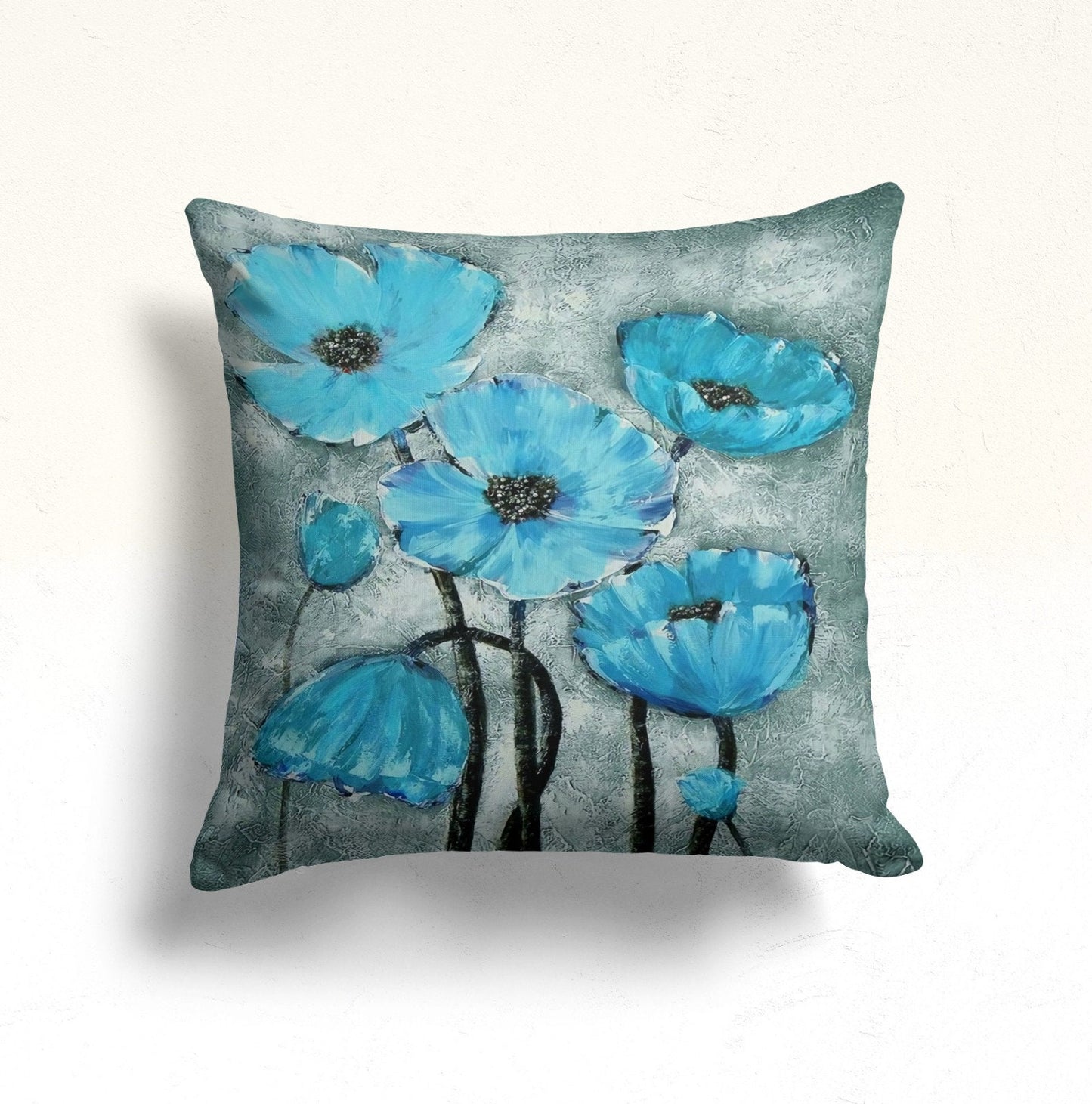 Blue Floral Cushion Cover with Turquoise Flower Pattern