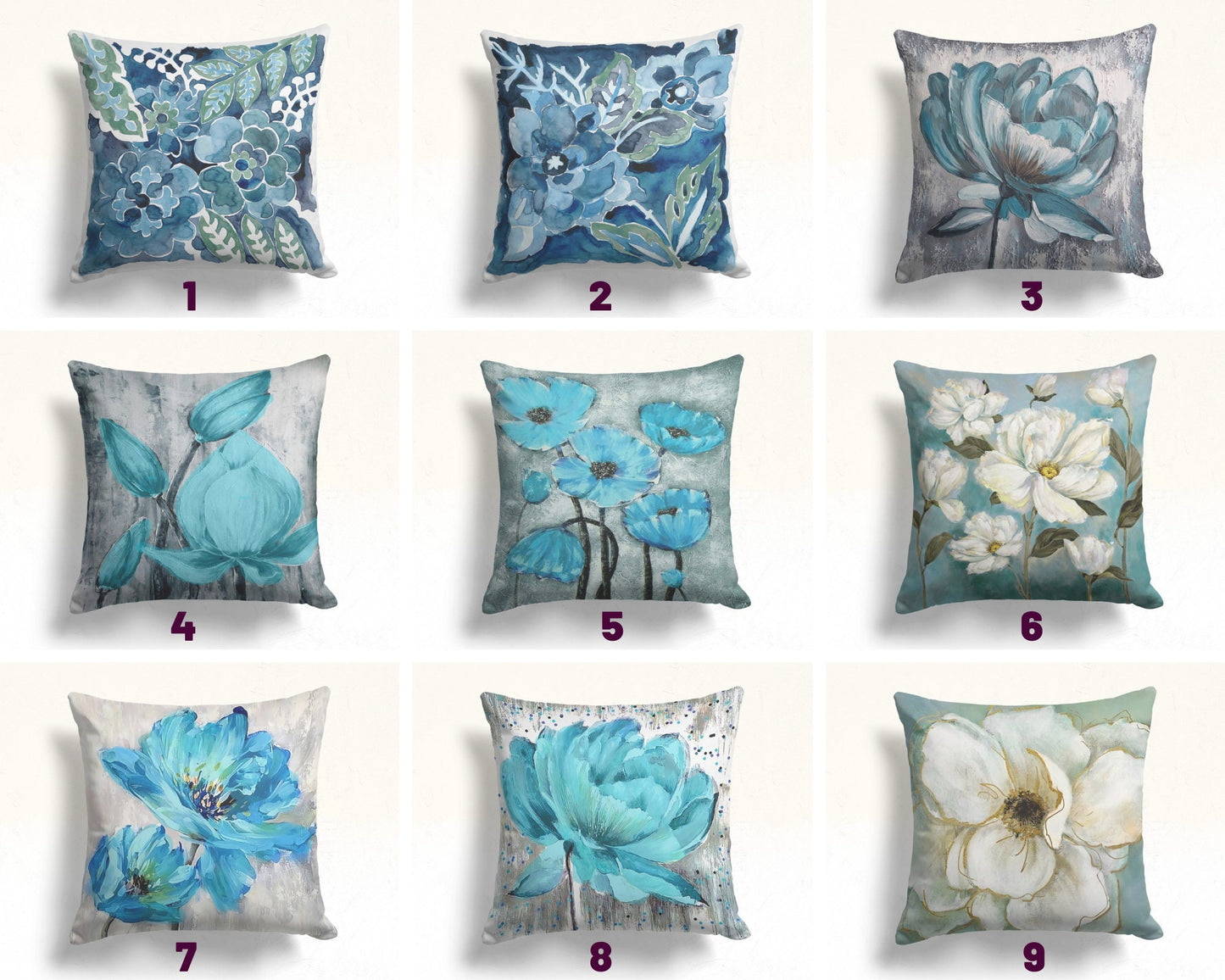Blue Floral Cushion Cover with Turquoise Flower Pattern