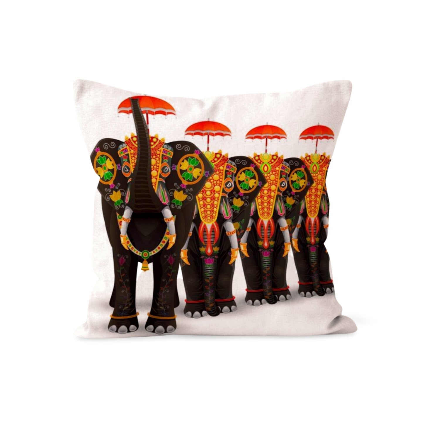Orange Floral Ethnic Elephant Cushion Cover