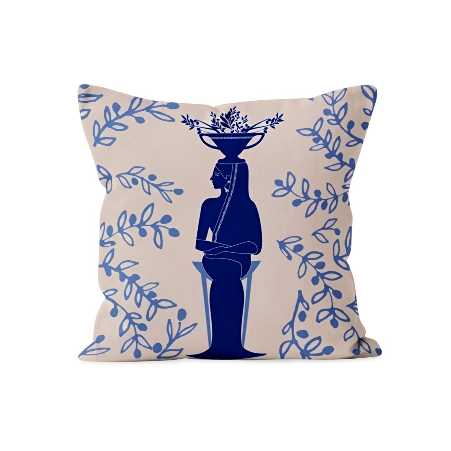 Blue Greek Vase Art Cushion Cover, Classic Mediterranean Design