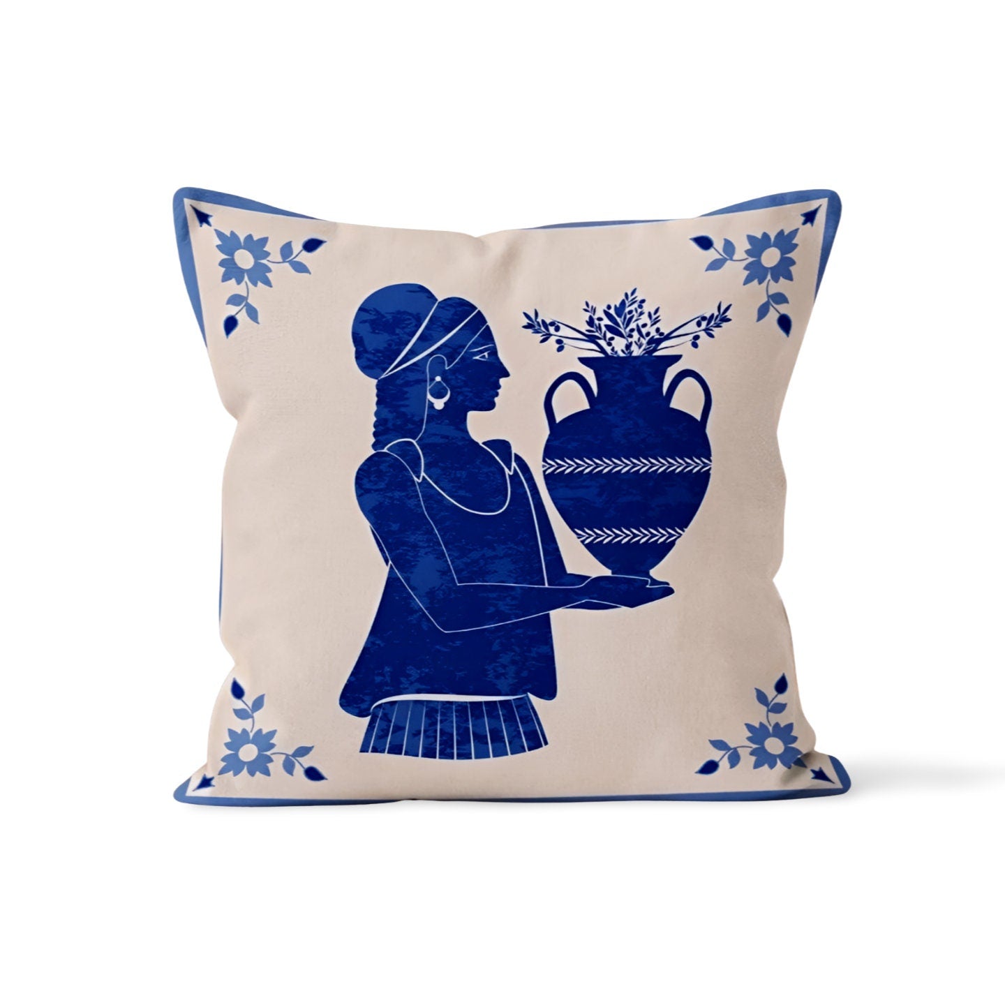Blue Greek Vase Art Cushion Cover, Classic Mediterranean Design