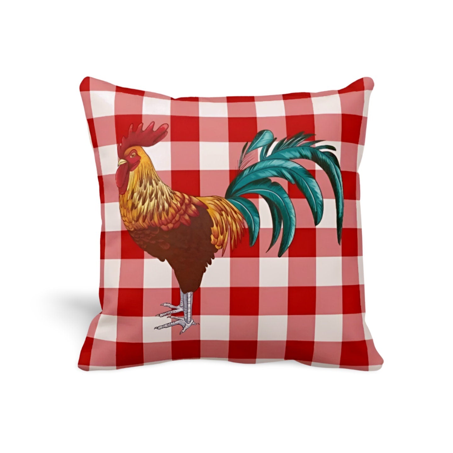 Rooster Gingham Cushion Cover, Farmhouse Country Kitchen Decor