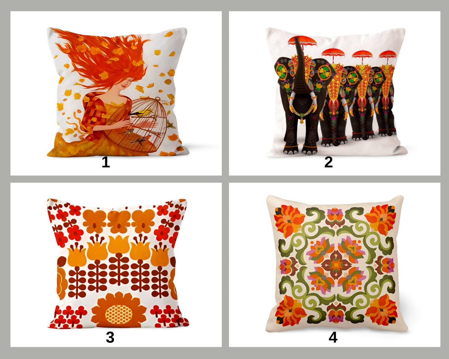 Orange Floral Ethnic Elephant Cushion Cover