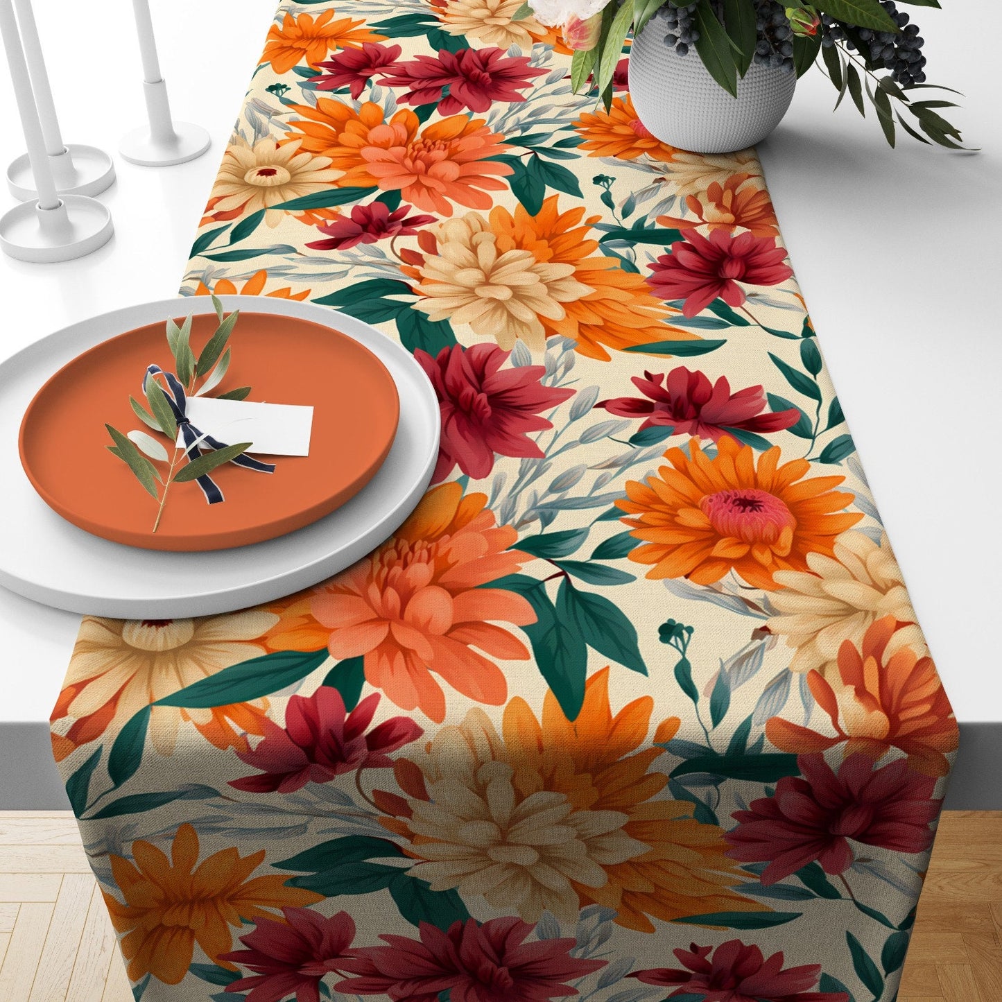 Autumn Table Runner Fall Leaves and Orange Flower Design