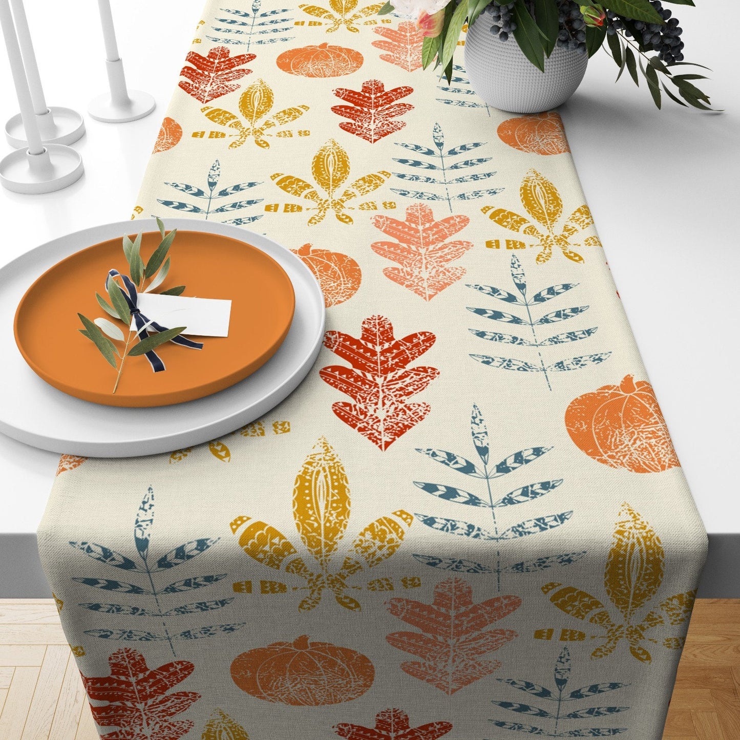 Autumn Table Runner Fall Leaves and Orange Flower Design