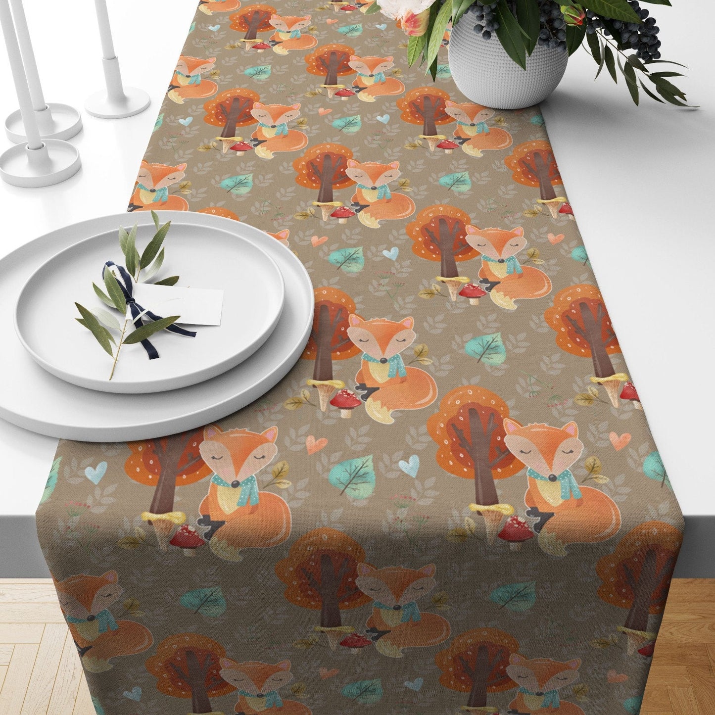 Woodland Creatures and Leaf Decoration Autumn Forest Table Runner