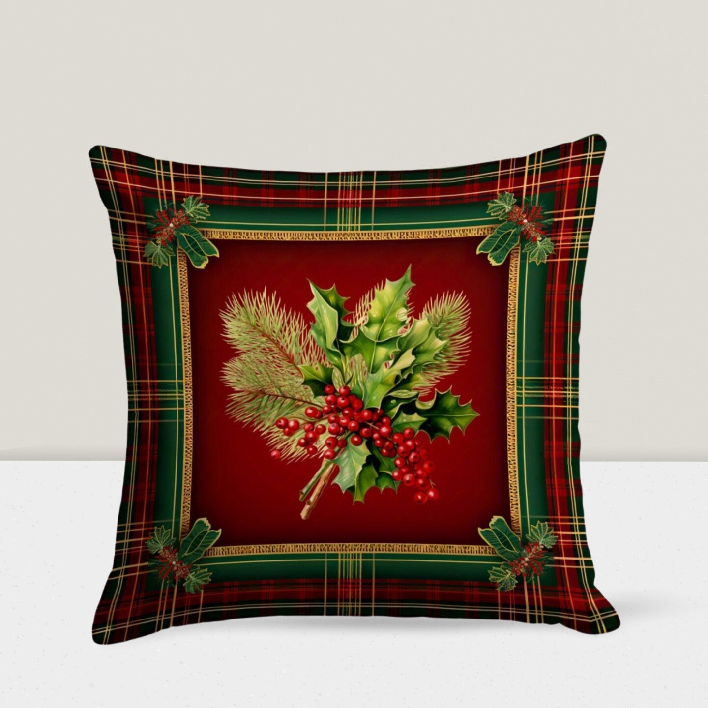Christmas Ornaments Xmas Plaid Poinsettia Cushion Cover