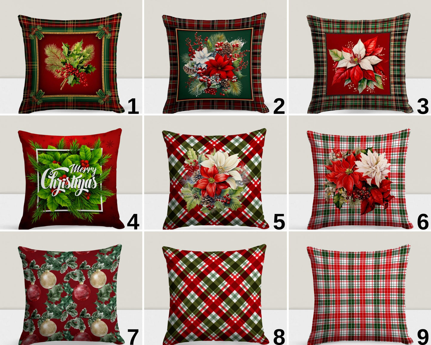Christmas Ornaments Xmas Plaid Poinsettia Cushion Cover