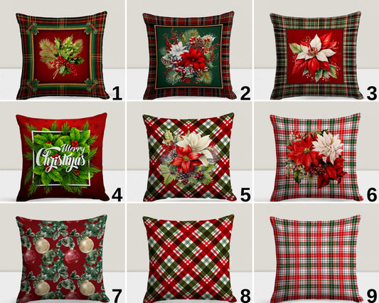 Christmas Ornaments Xmas Plaid Poinsettia Cushion Cover