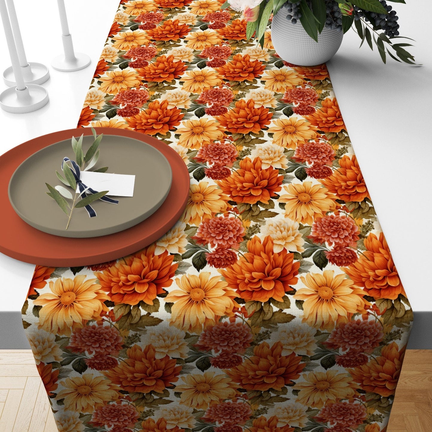 Autumn Table Runner Fall Leaves and Orange Flower Design
