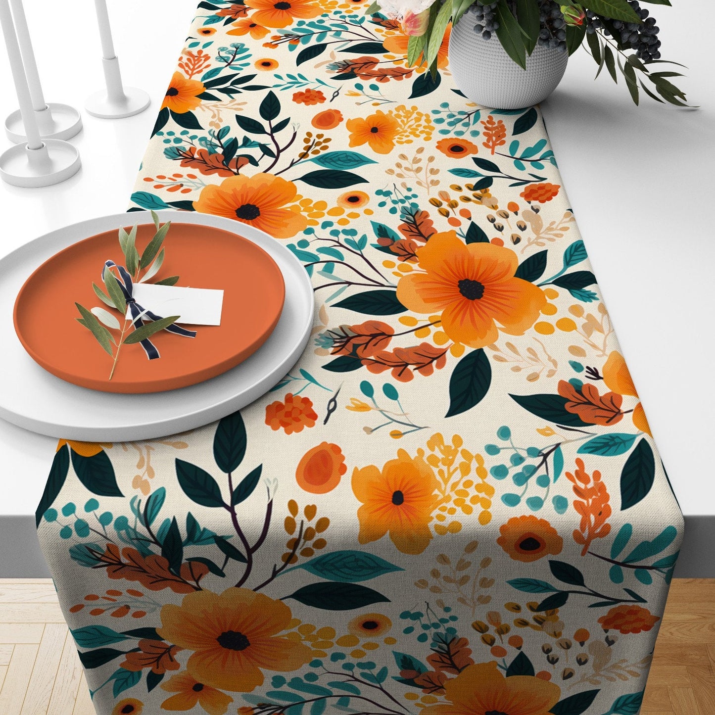 Autumn Table Runner Fall Leaves and Orange Flower Design