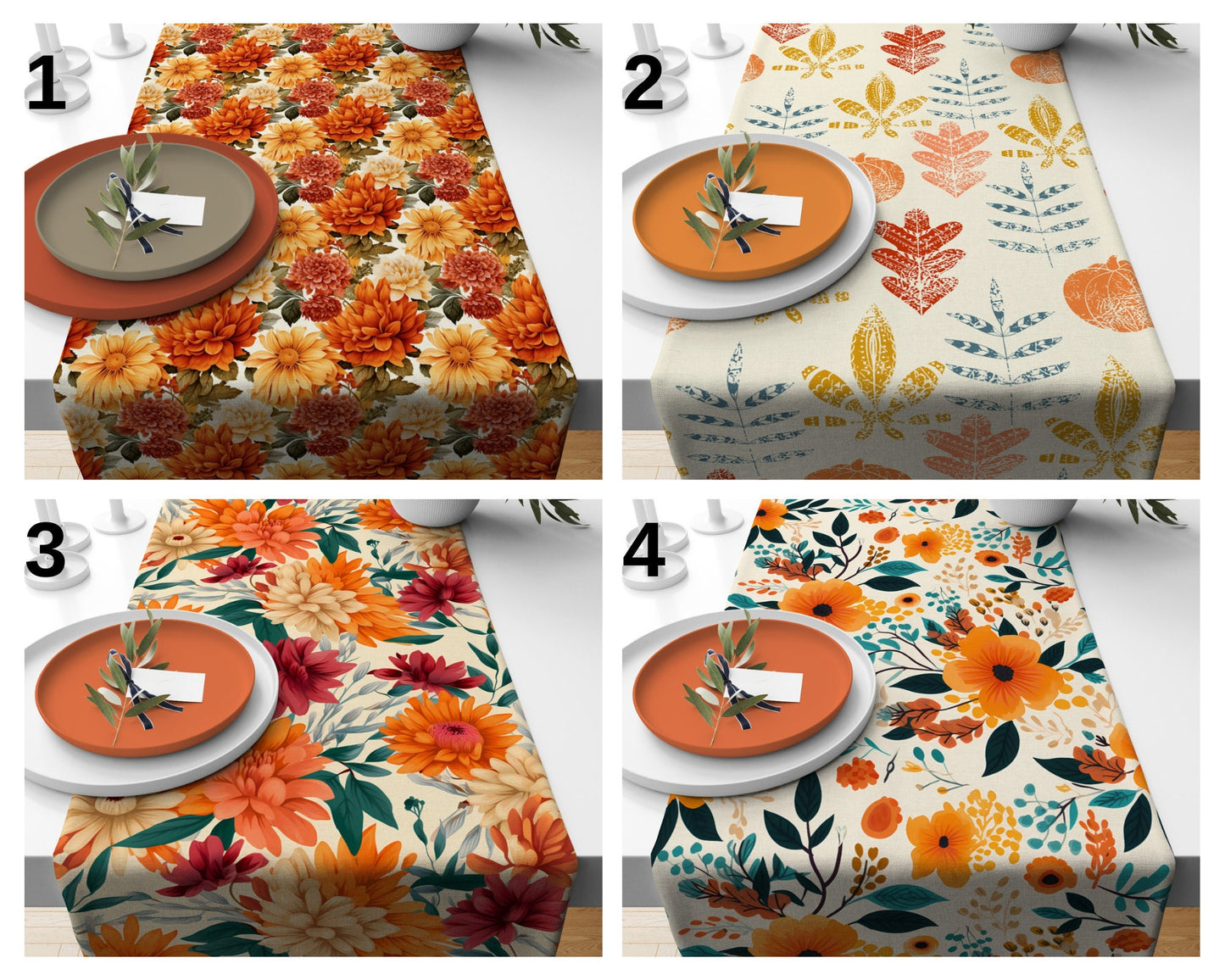 Autumn Table Runner Fall Leaves and Orange Flower Design