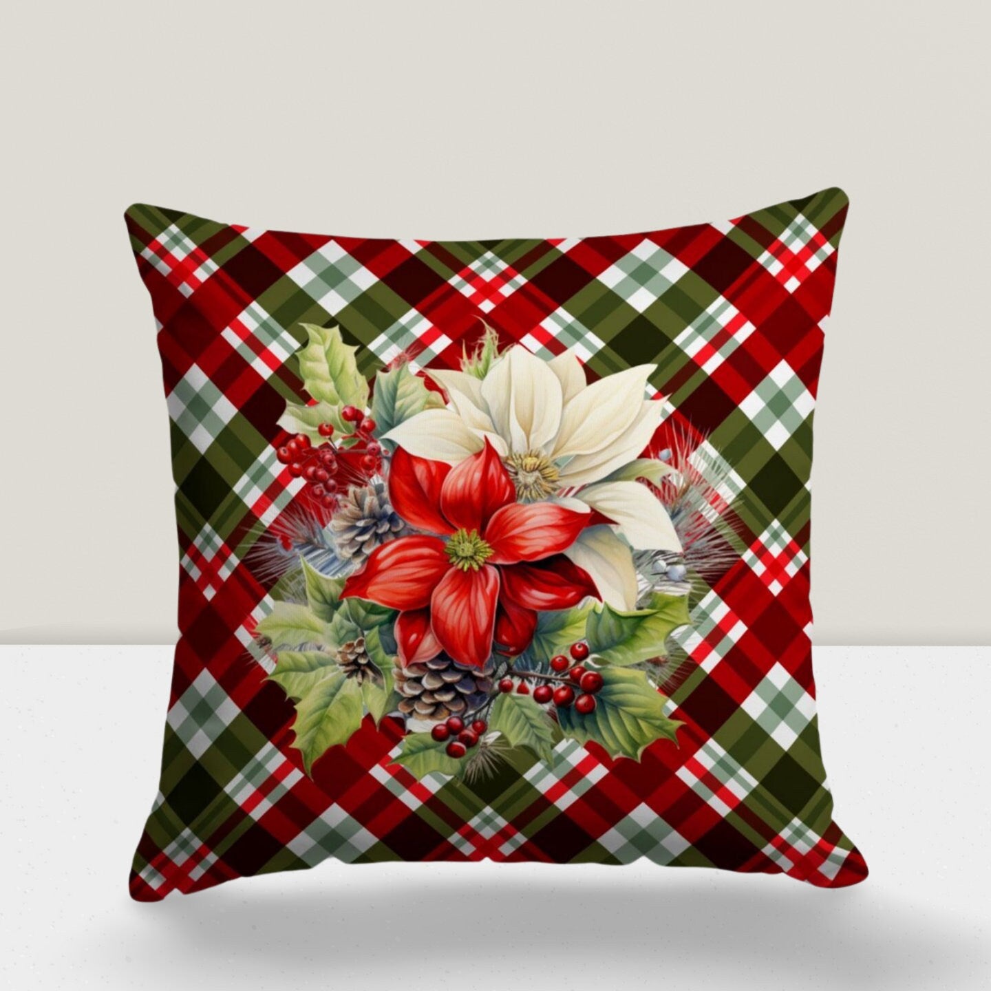 Christmas Ornaments Xmas Plaid Poinsettia Cushion Cover