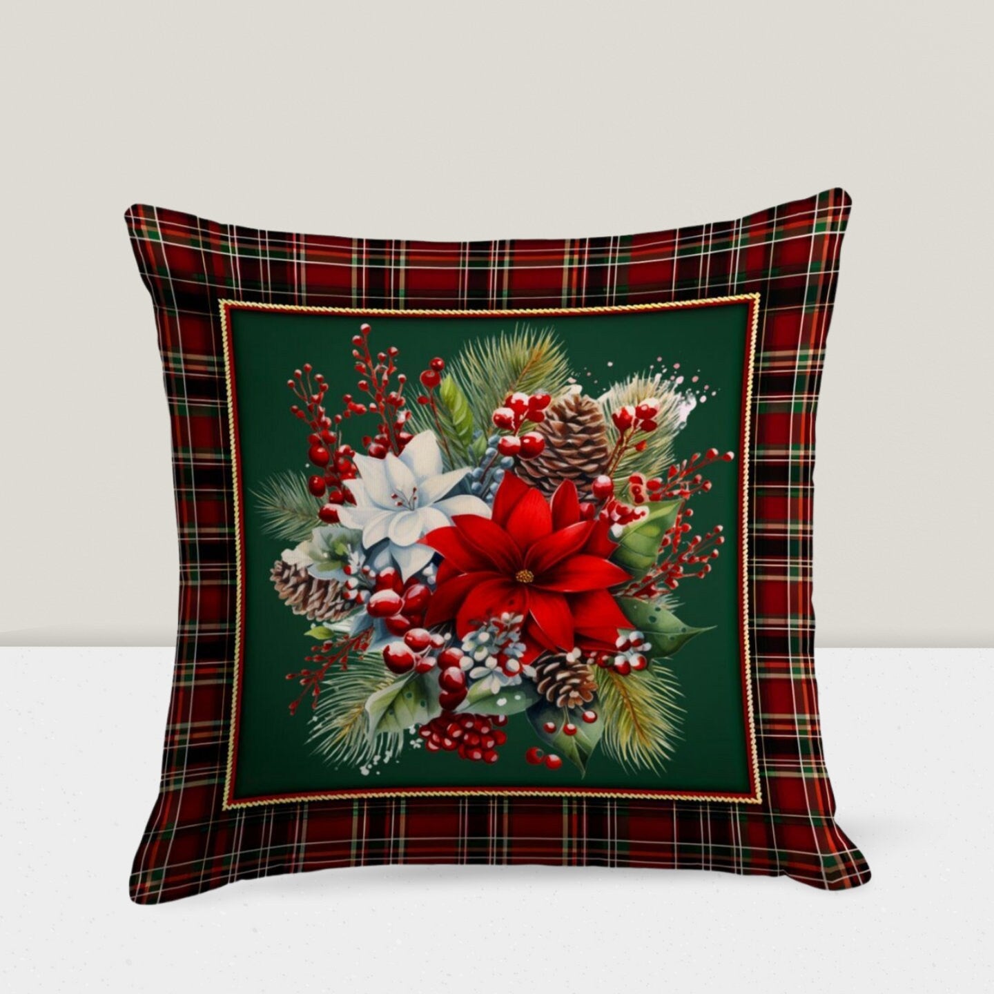 Christmas Ornaments Xmas Plaid Poinsettia Cushion Cover