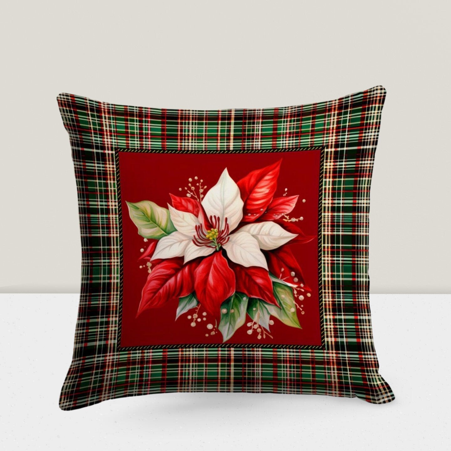 Christmas Ornaments Xmas Plaid Poinsettia Cushion Cover