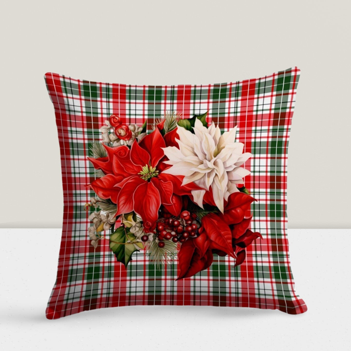 Christmas Ornaments Xmas Plaid Poinsettia Cushion Cover