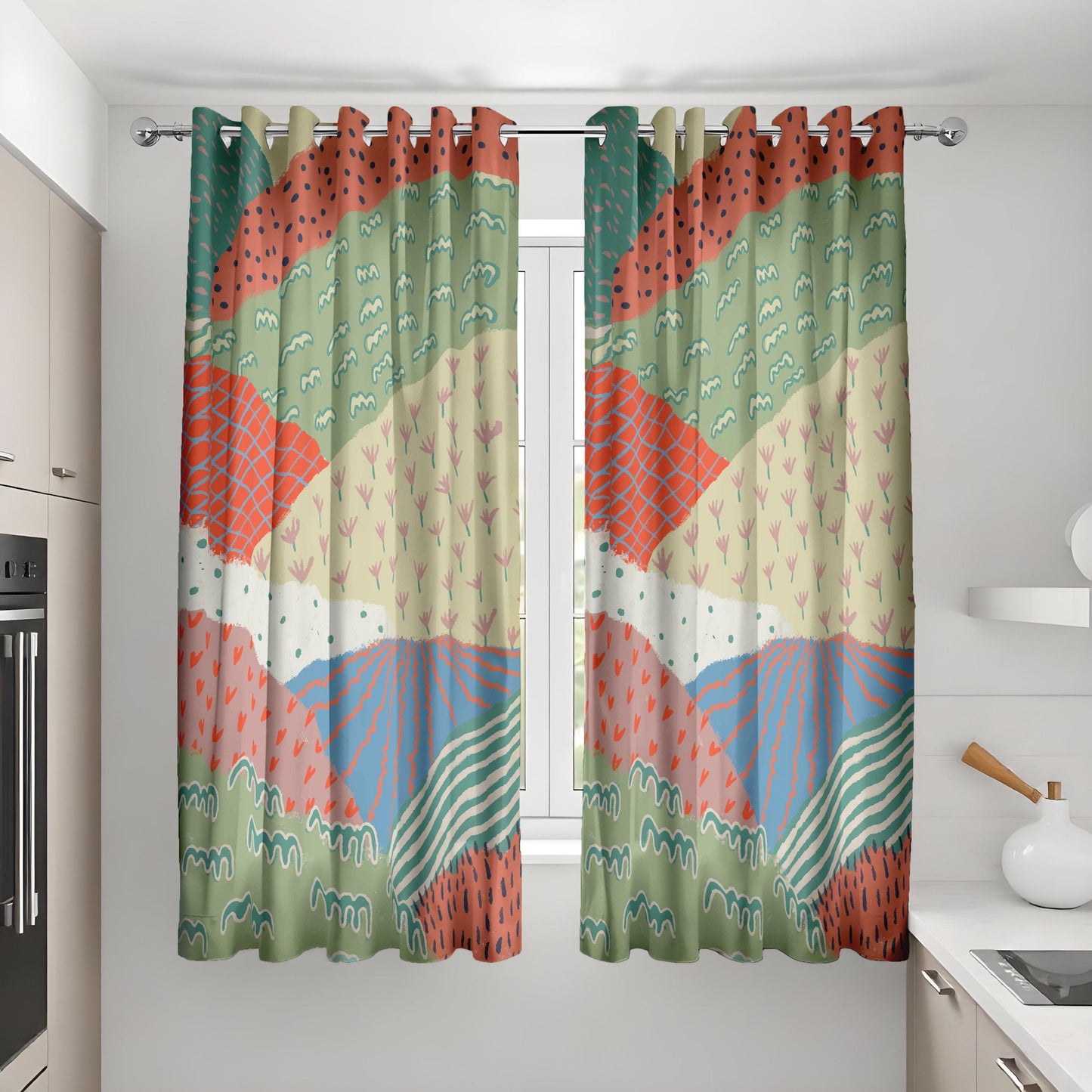 Colorful Patchwork Eyelet Curtains Boho Chic Window Drapes