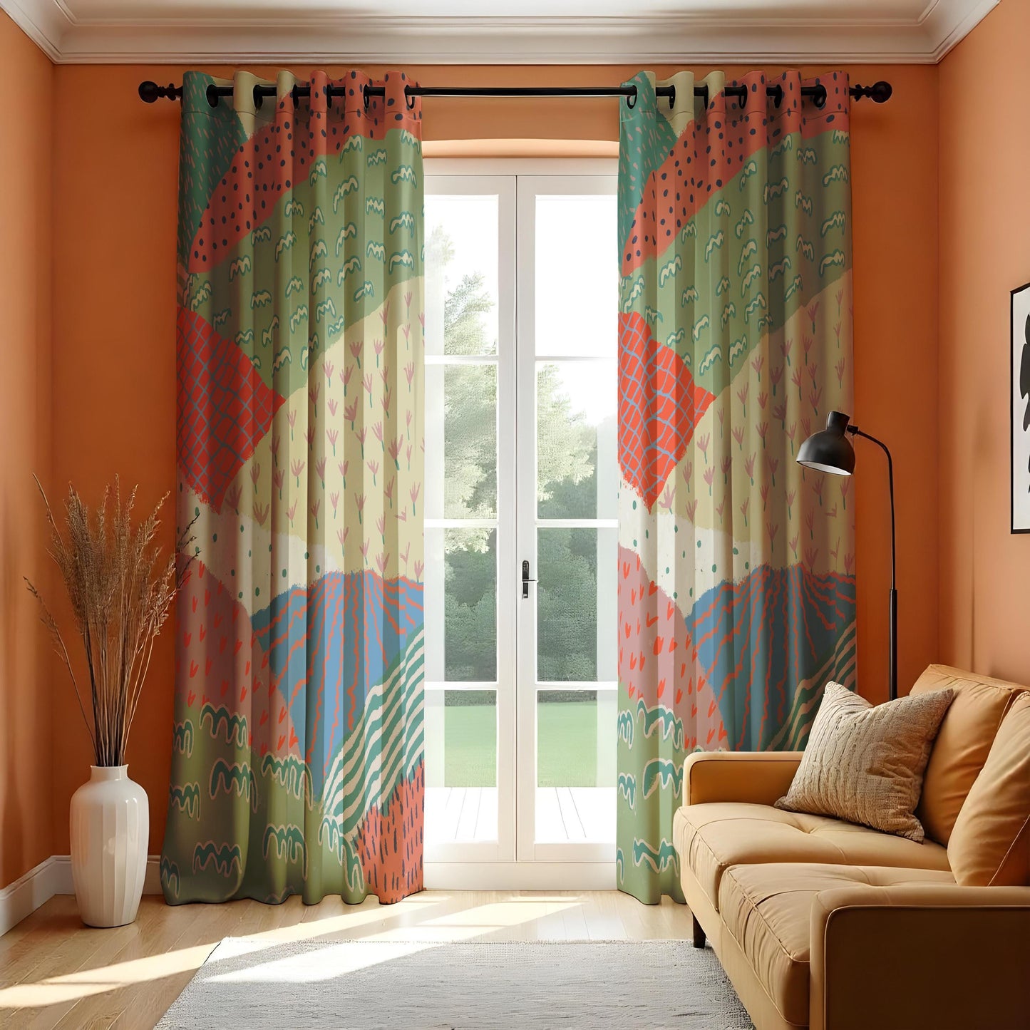 Colorful Patchwork Eyelet Curtains Boho Chic Window Drapes
