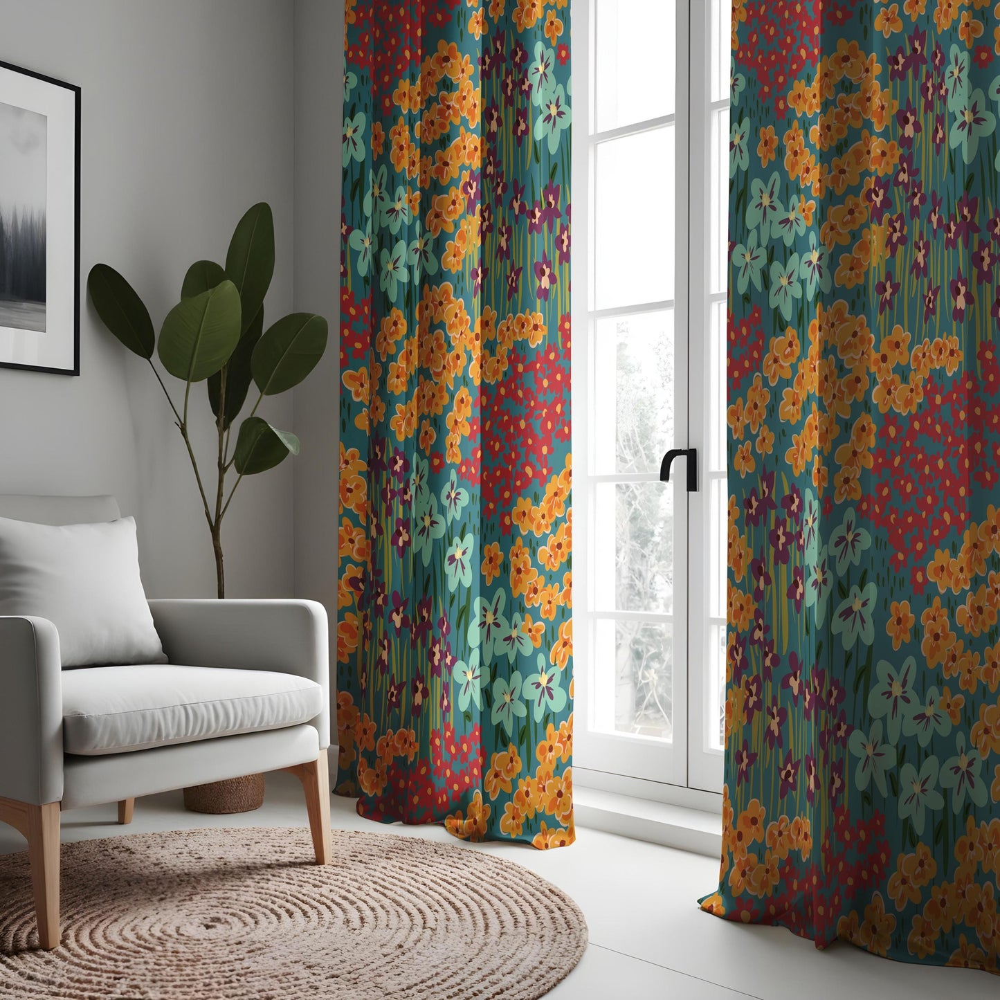 Vibrant Floral Eyelet Curtains, Bold Botanical Window Drapes
