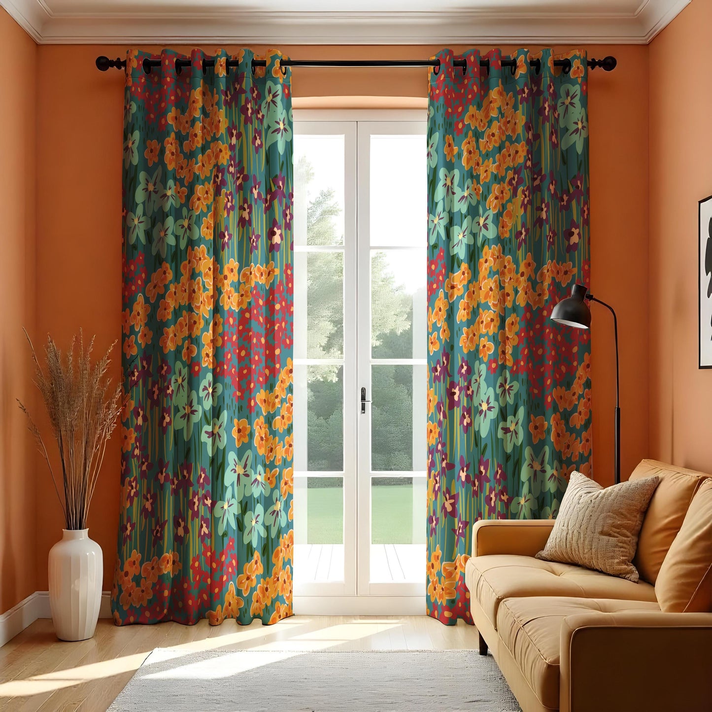 Vibrant Floral Eyelet Curtains, Bold Botanical Window Drapes