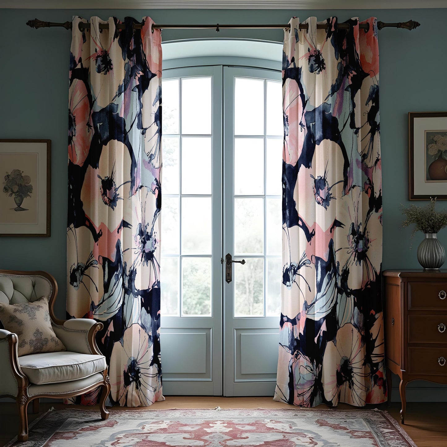 Watercolor Floral Curtains, Pink & Navy Blue Window Drapes
