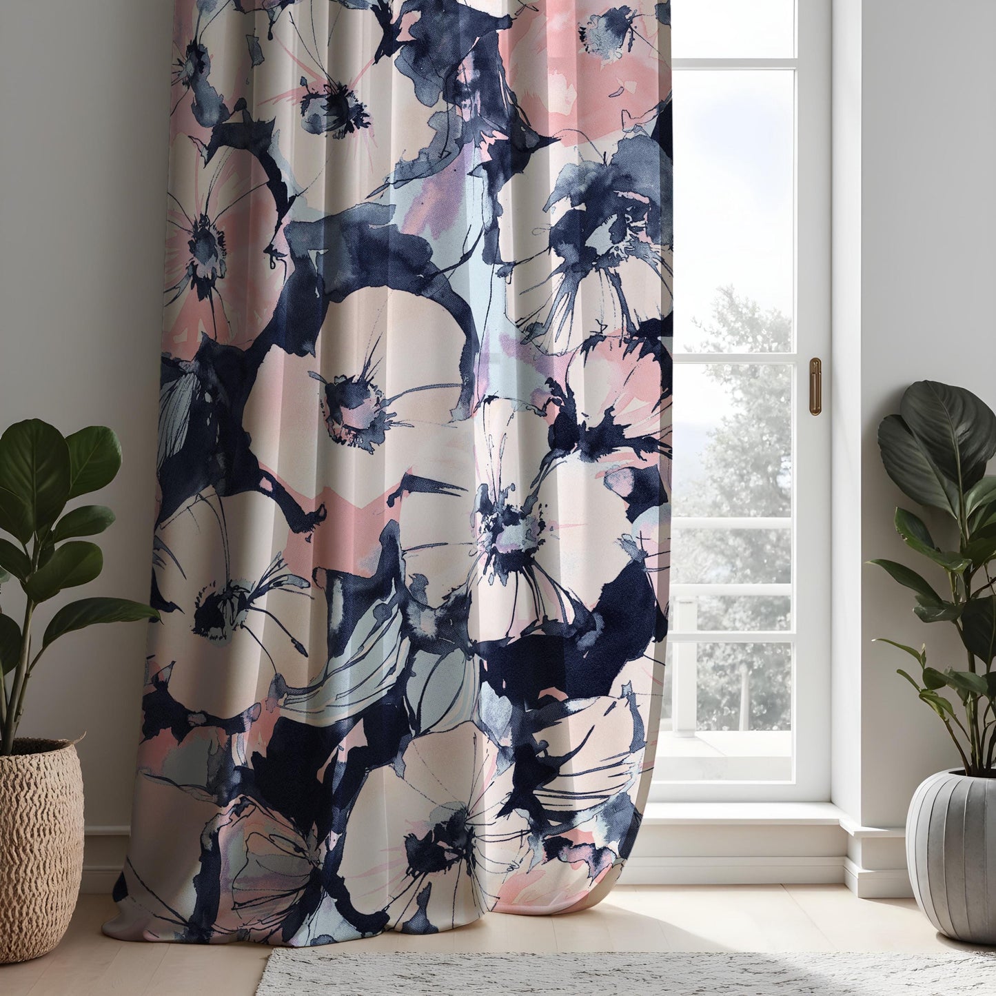 Watercolor Floral Curtains, Pink & Navy Blue Window Drapes