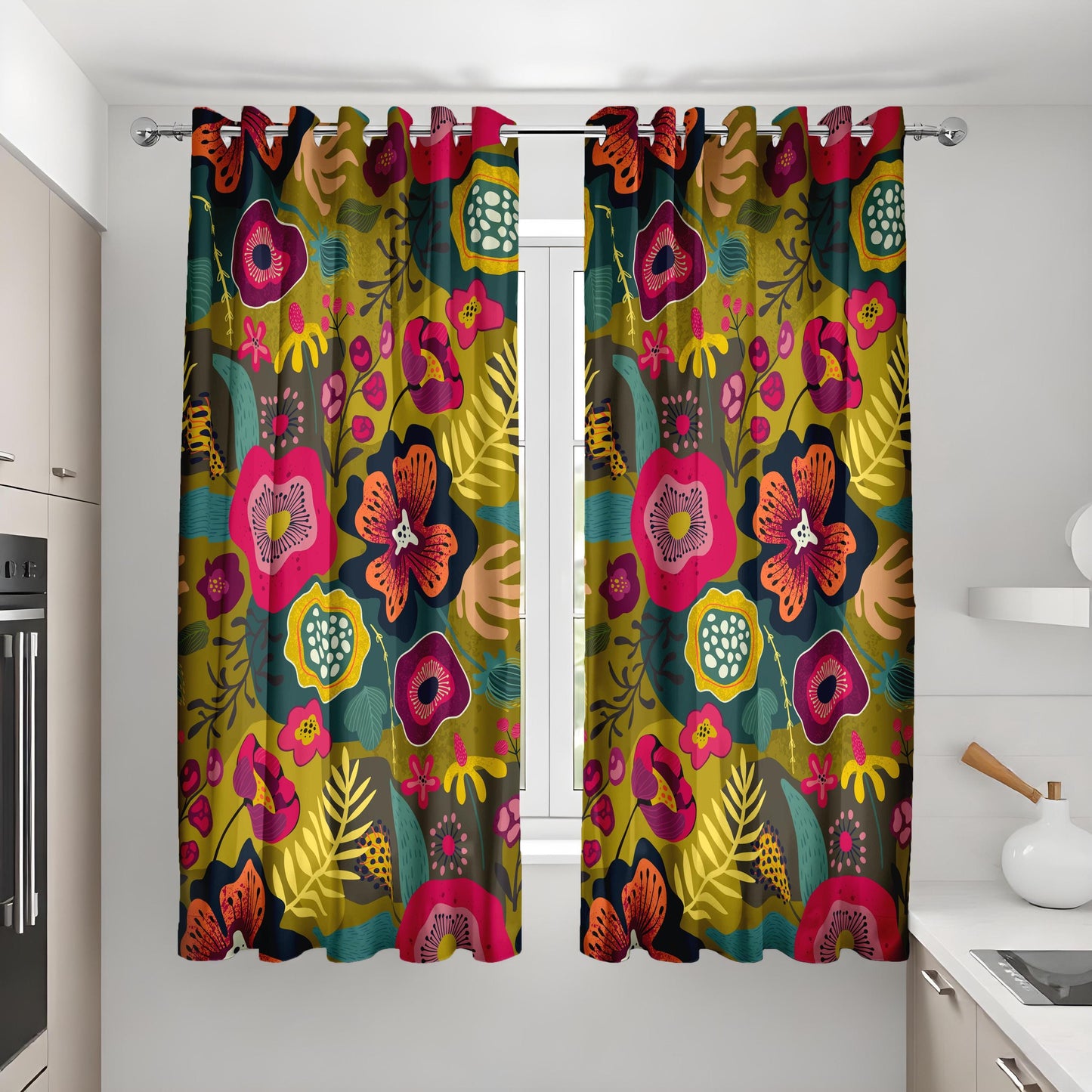 Dark Boho Floral Curtains, Mustard Yellow & Pink Botanical Drapes