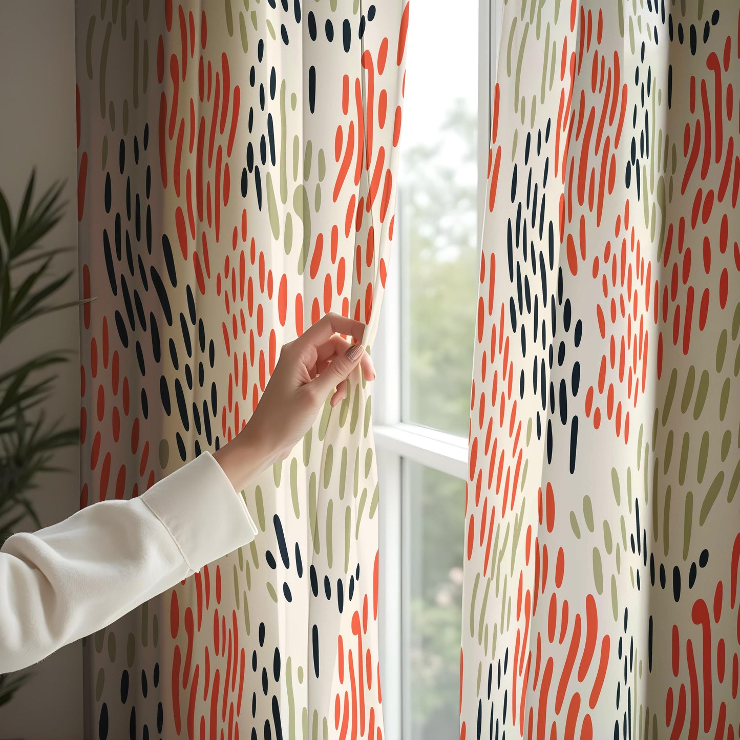 Modern Abstract Curtains, Minimalist Brushstroke Print Drapes